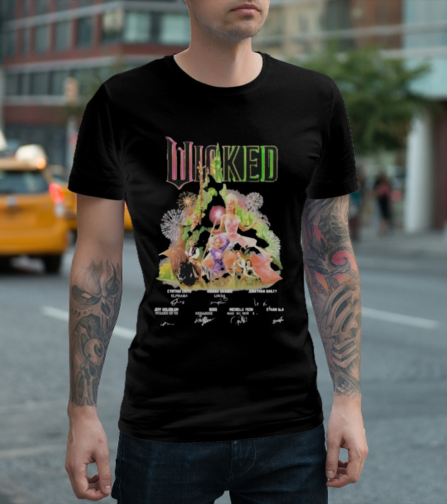 Wicked Movie 2024 Cynthia Erivo Ariana Grande Jonathan Bailey Signatures T-Shirt