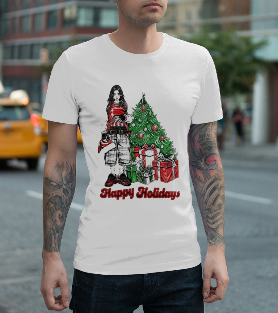 Billie Eilish Happy Holidays Christmas Tree Presents T-Shirt