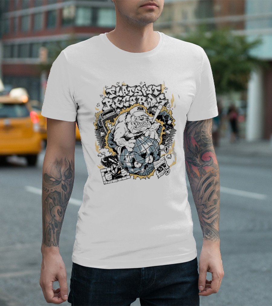 Flatspot Records Bulldog Globe Graffiti Style White T-Shirt