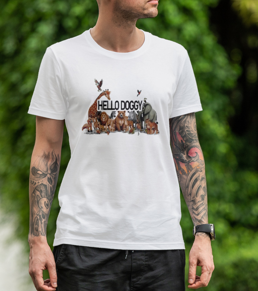 Hello Doggy Wildlife Animal Gathering With Giraffe Elephant Tiger And More T-Shirt