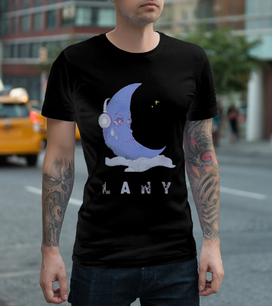 Lany Moon Crying Blue Crescent with Headphones and Clouds T-Shirt