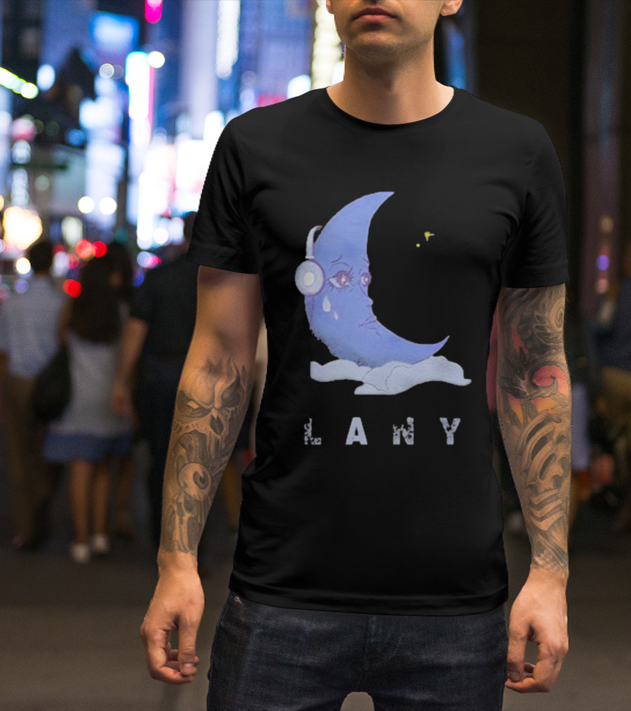 Lany Moon Crying Blue Crescent With Headphones And Clouds T-Shirt