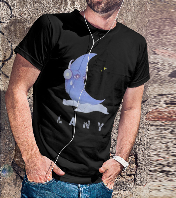 Lany Moon Crying Blue Crescent With Headphones And Clouds T-Shirt