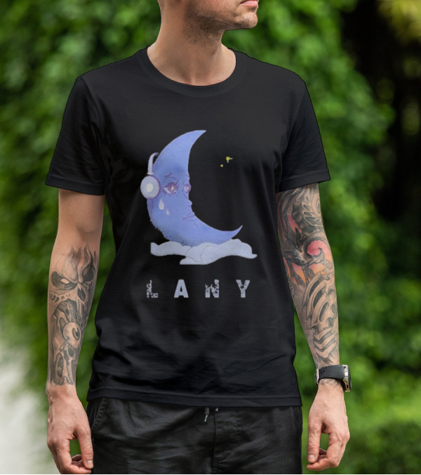 Lany Moon Crying Blue Crescent With Headphones And Clouds T-Shirt