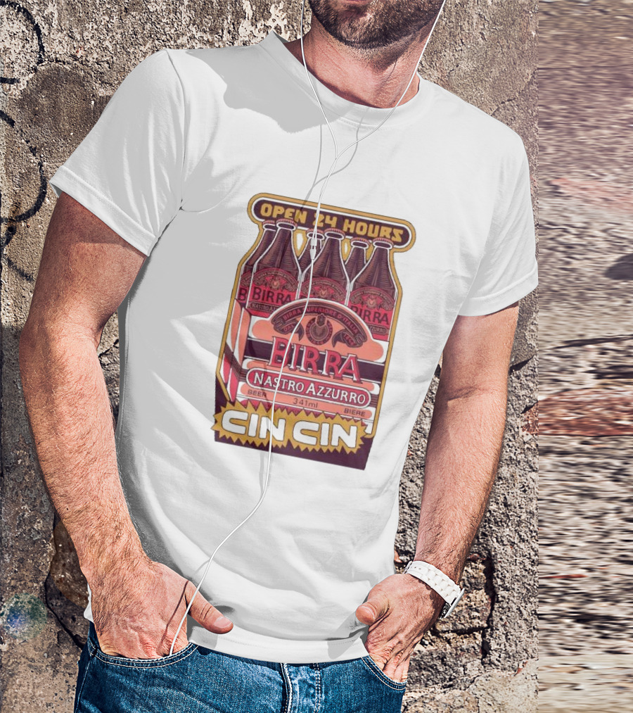Open 24 Hours Birra Nastro Azzurro 341ml Cin Cin Beer T-Shirt