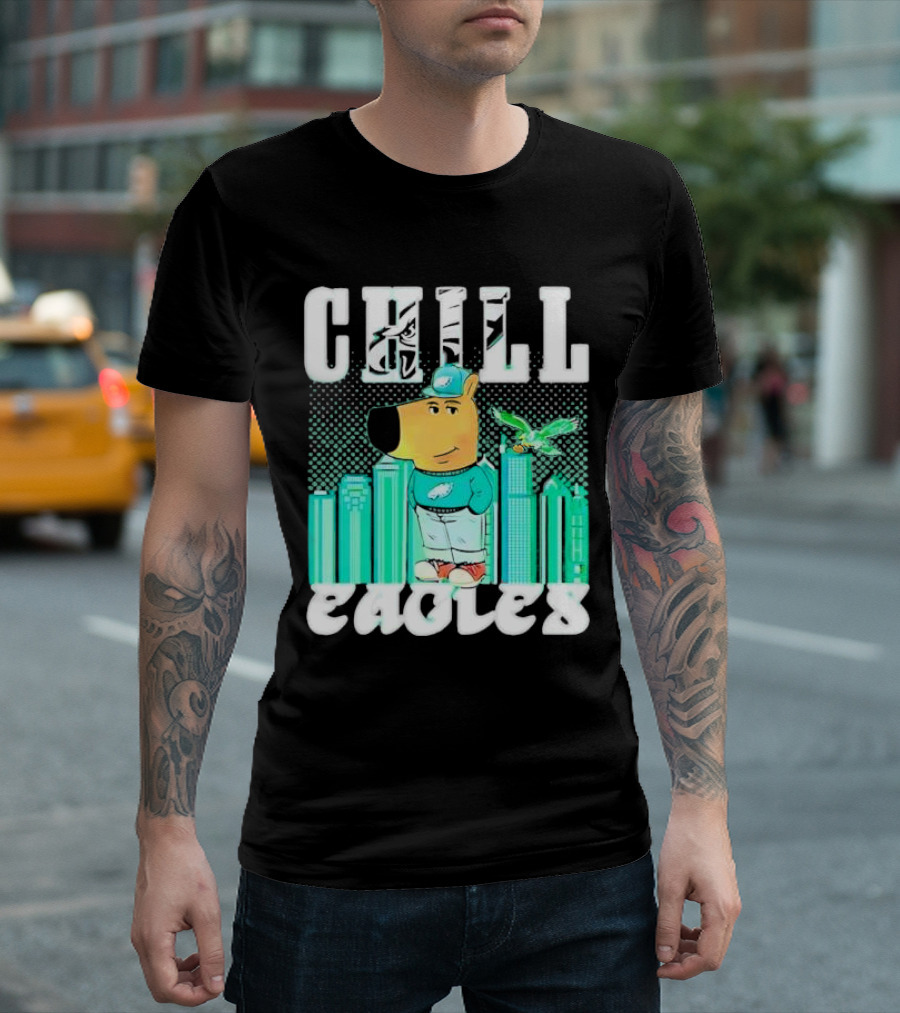 Philadelphia Eagles Chill Character with City Skyline and Cartoon Bird T-Shirt