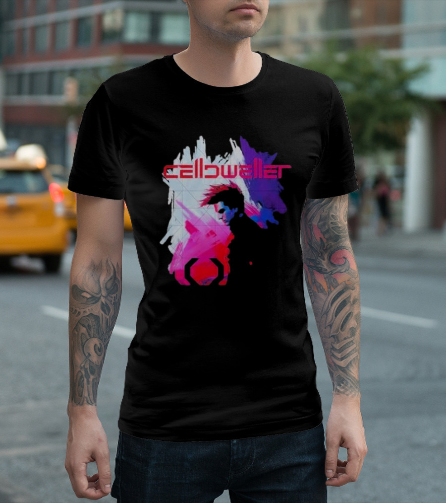 Celldweller the Sentinel Neon Abstract Portrait with Geometric Accent T-Shirt