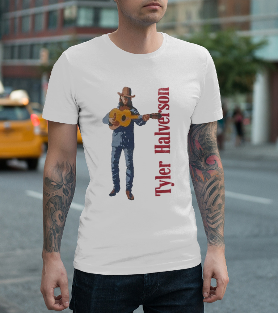 Tyler Halverson Playing Guitar Watercolor Art Cowboy T-Shirt