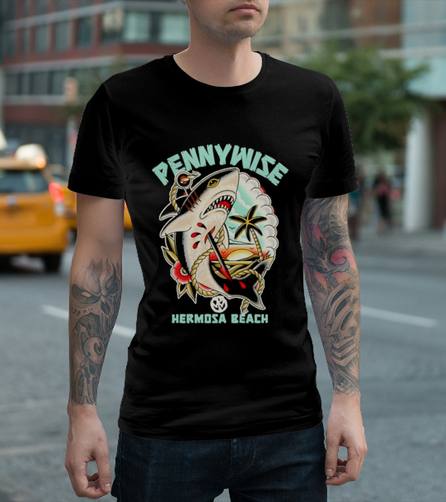 Pennywise Shark Hermosa Beach Sunset Palm Tattoo T-Shirt