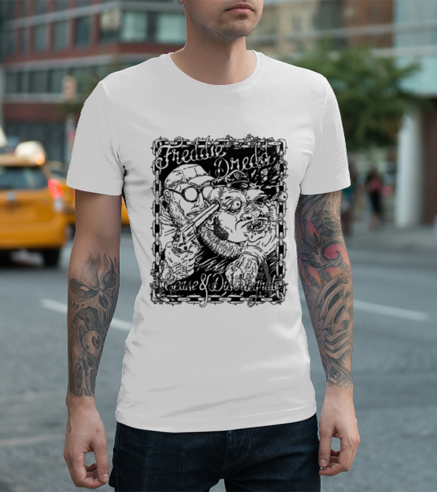 Freddie Dredd Cease and Disintegrate Chain Border Gun T-Shirt