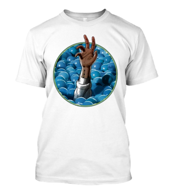 Hand Reaching Out Of Blue Ballpit Sphere T-Shirt