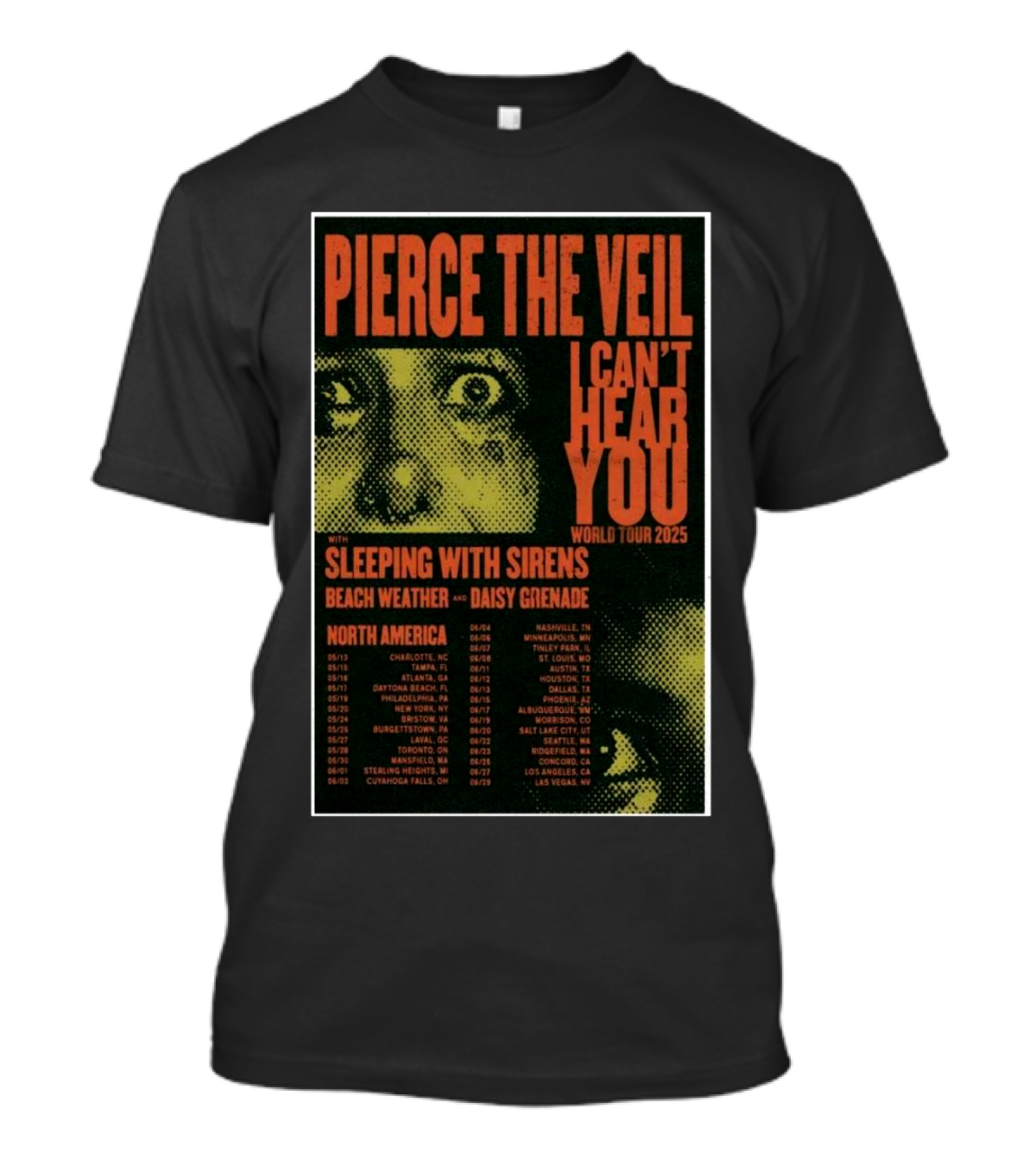 Pierce The Veil I Can’t Hear You World Tour 2025 With Sleeping With Sirens Beach Weather Daisy Grenade North America T-Shirt
