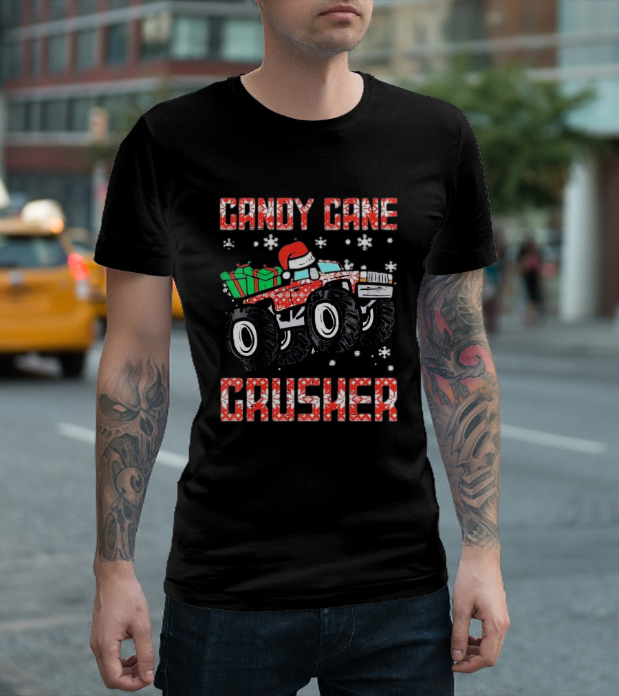 Candy Cane Crusher Christmas Monster Truck Toddler Boys Snowflakes Santa Present T-Shirt