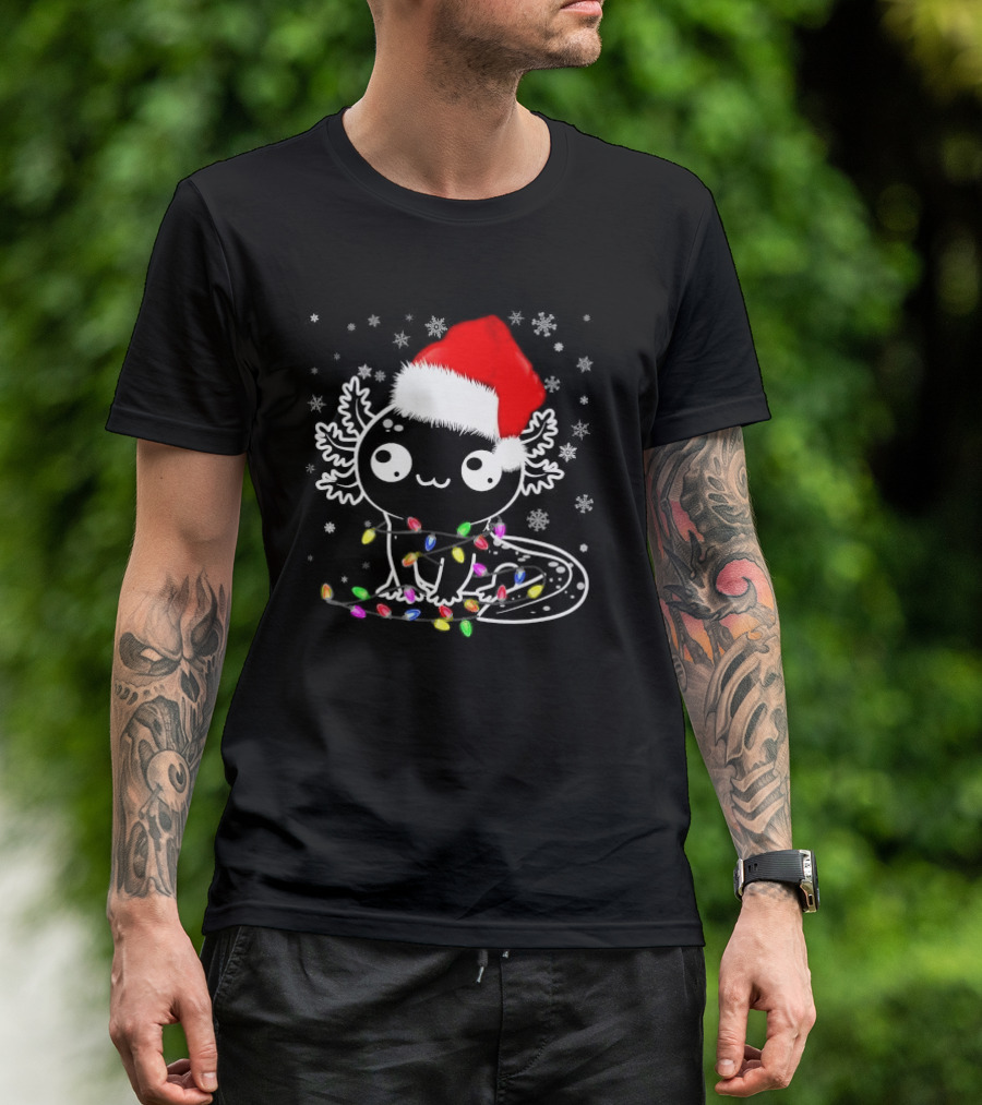 Santa Hat Axolotl Wrapped In Colorful Christmas Lights And Falling Snowflakes T-Shirt