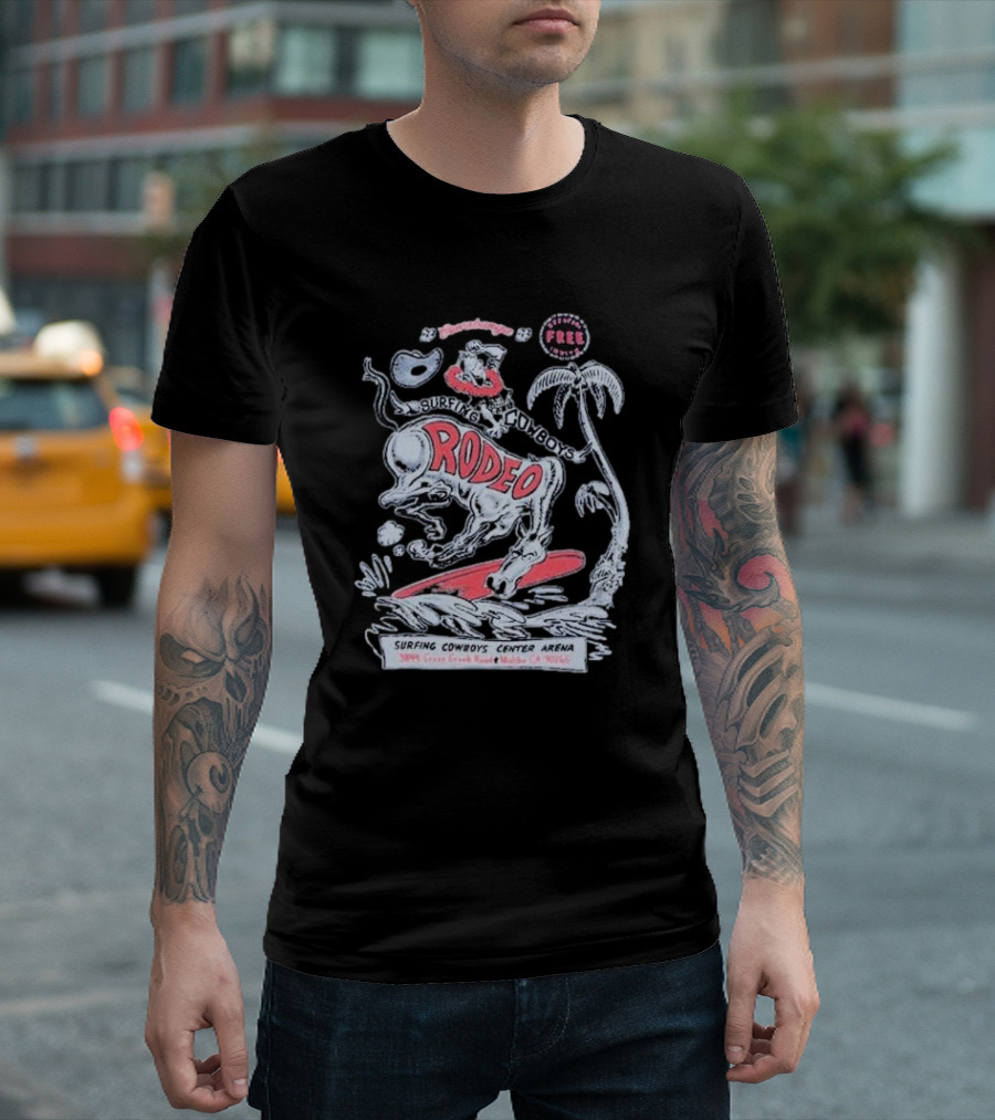 Surfing Cowboys Rodeo Malibu Surfboard Palm Trees Arena Malibu CA T-Shirt