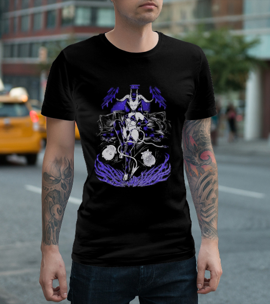 The Devil Pinku Kult Demonic Figure Surrounded by Ghostly Creatures and Occult Symbols T-Shirt