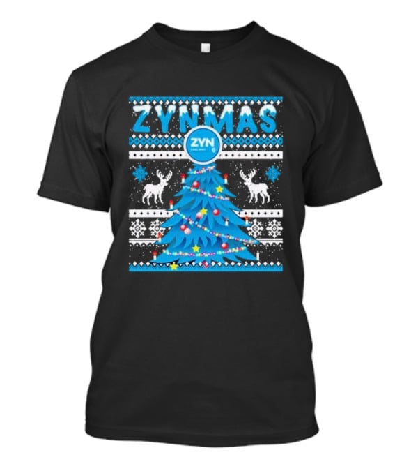 Zynmas ZYN Blue Christmas Tree Reindeer Pattern Snowflakes T-Shirt