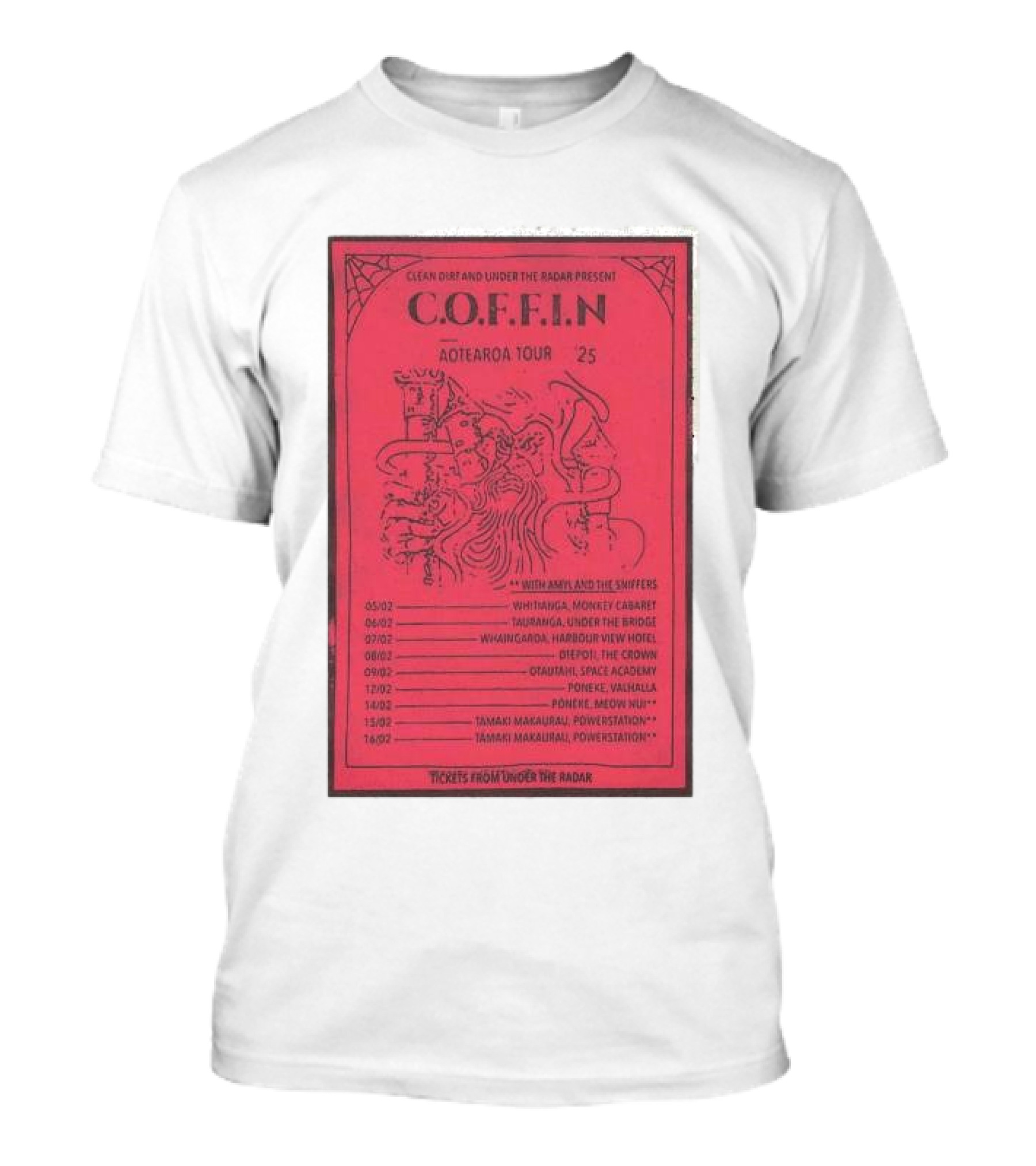 Clean Dirt And Under The Radar Present C.O.F.F.I.N Aotearoa Tour 2025 With Amyl And The Sniffers T-Shirt