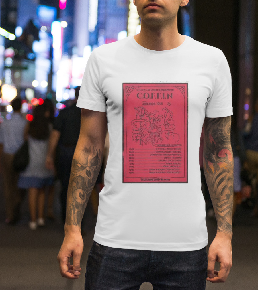 Clean Dirt And Under The Radar Present C.O.F.F.I.N Aotearoa Tour 2025 With Amyl And The Sniffers T-Shirt