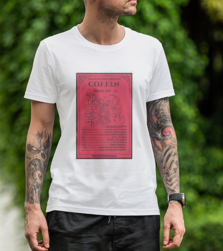 Clean Dirt And Under The Radar Present C.O.F.F.I.N Aotearoa Tour 2025 With Amyl And The Sniffers T-Shirt