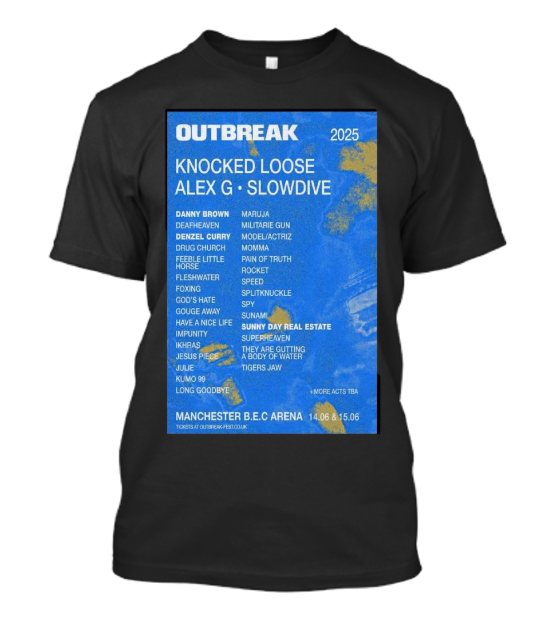 Outbreak 2025 Manchester B.E.C Arena Knocked Loose Alex G Slowdive Lineup 14.06 15.06 T-Shirt