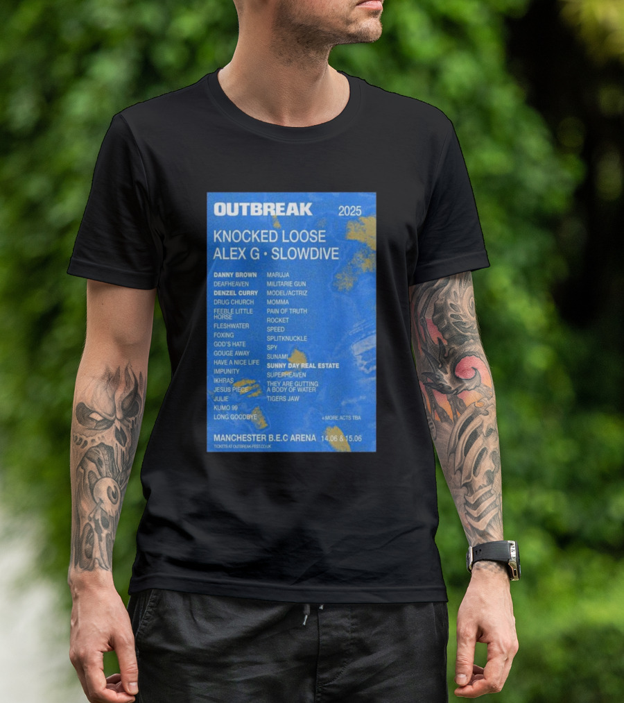 Outbreak 2025 Manchester B.E.C Arena Knocked Loose Alex G Slowdive Lineup 14.06 15.06 T-Shirt