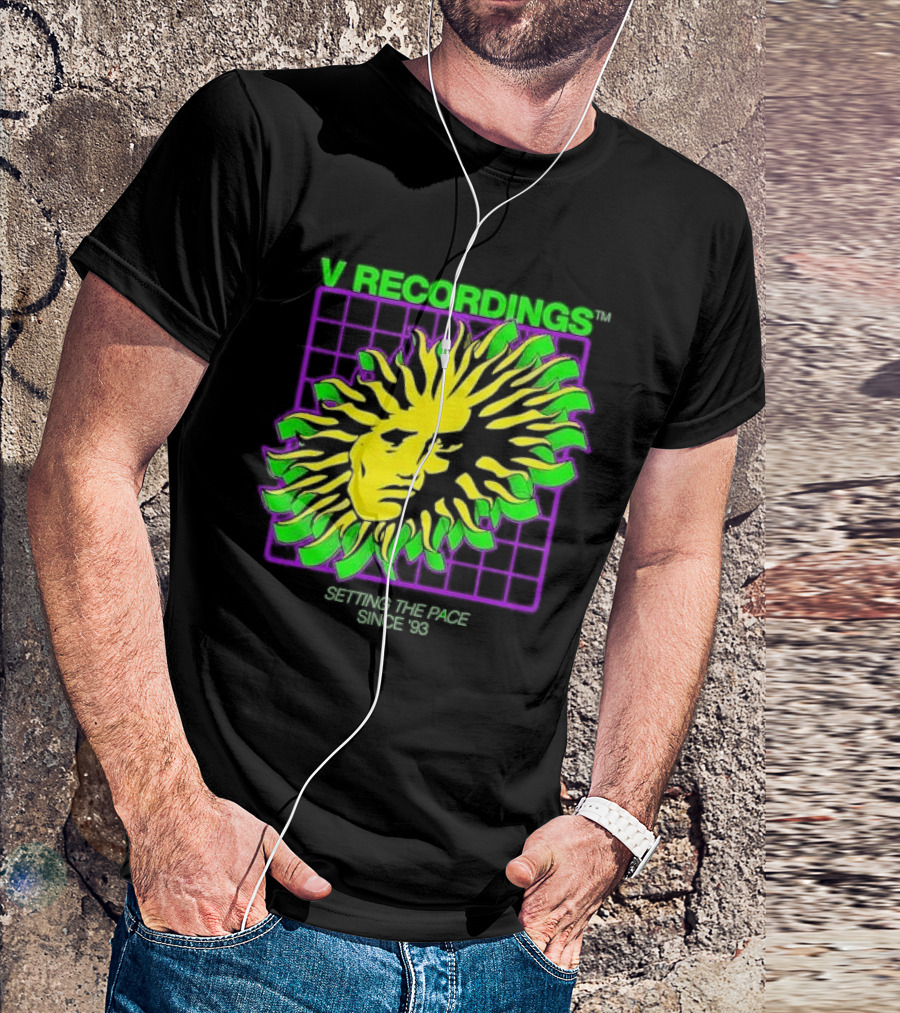 V Recordings Setting The Pace Since 93 Sunburst Face Retro Grid T-Shirt