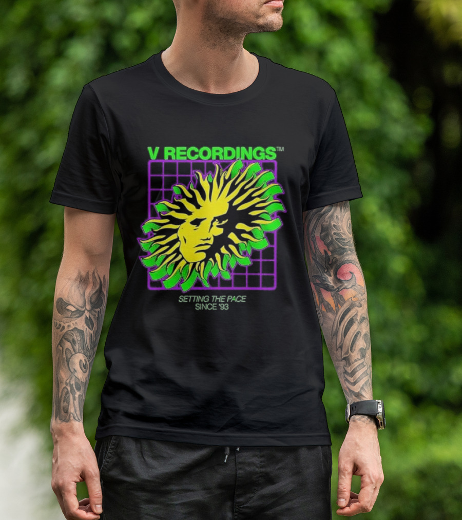 V Recordings Setting The Pace Since 93 Sunburst Face Retro Grid T-Shirt