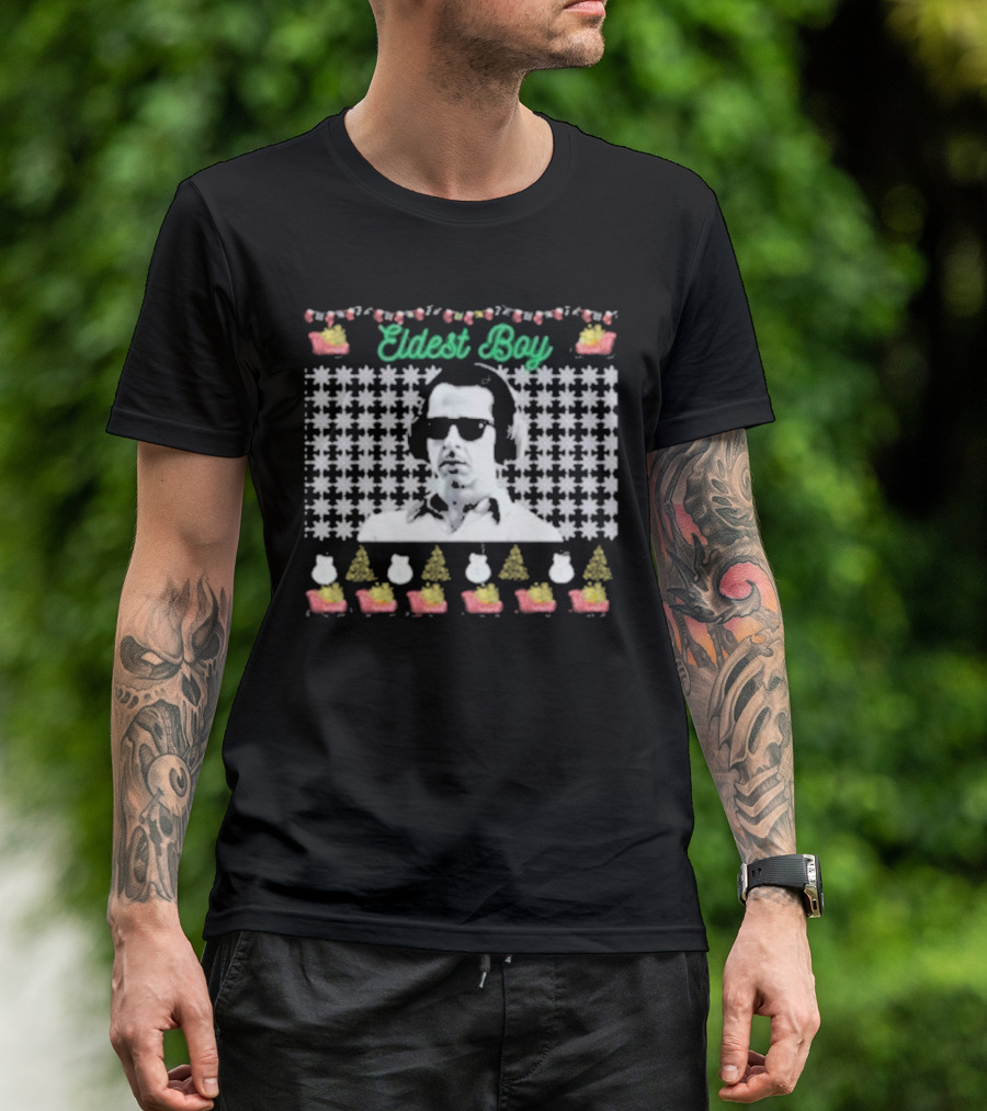Kendall Roy Eldest Boy Ugly Christmas Sweater Design With Santa Hats And Trees T-Shirt