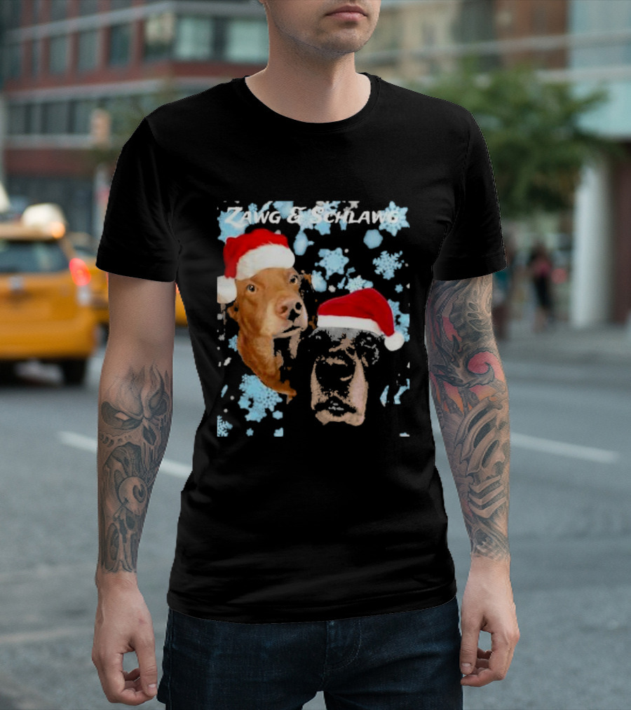 Zawg and Schlawg Christmas Dogs with Santa Hats and Snowflakes T-Shirt