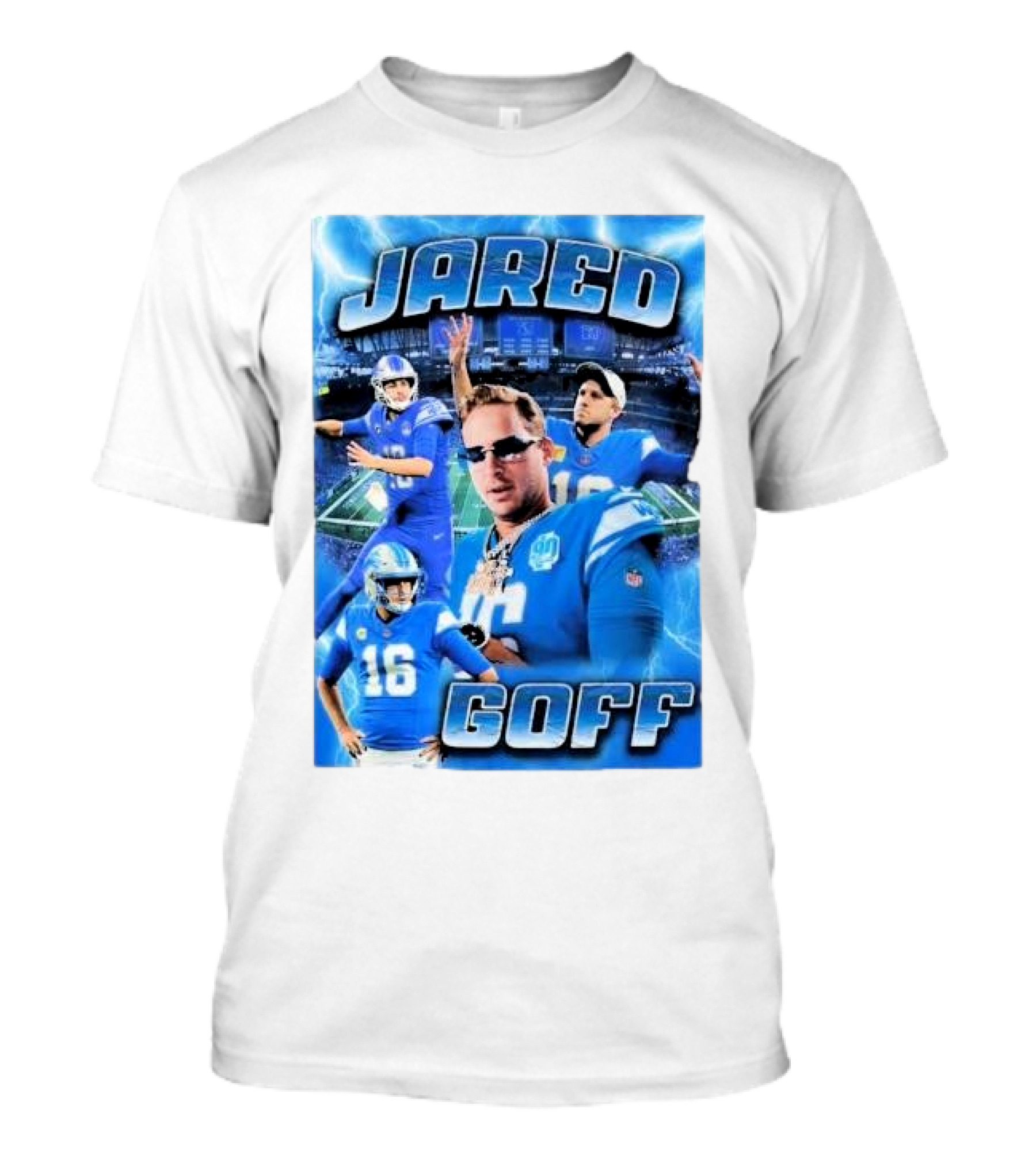 Jared Goff Detroit Lions Acid Washed Blue Quarterback Collage T-Shirt