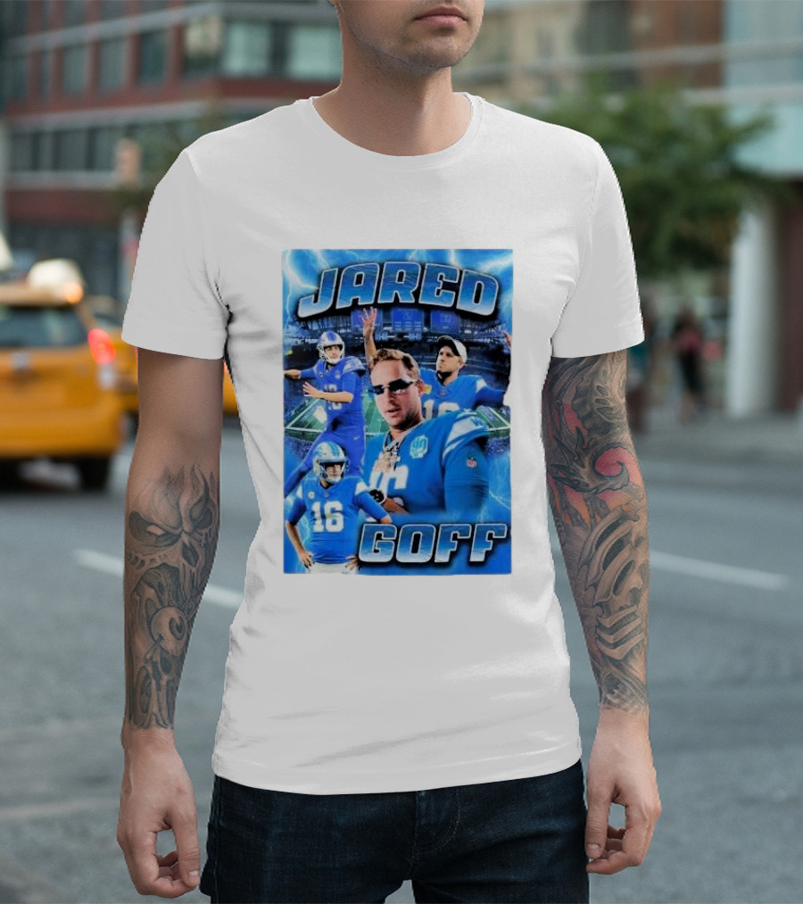 Jared Goff Detroit Lions Acid Washed Blue Quarterback Collage T-Shirt