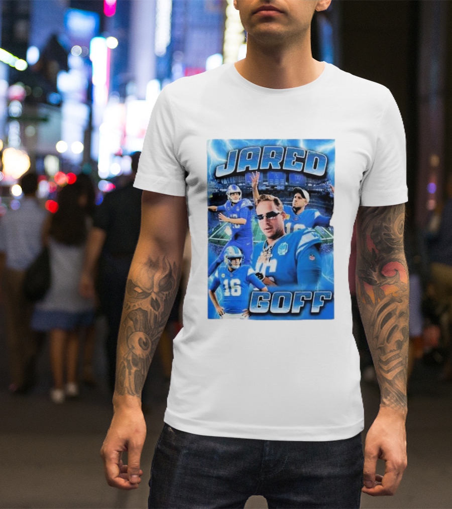 Jared Goff Detroit Lions Acid Washed Blue Quarterback Collage T-Shirt