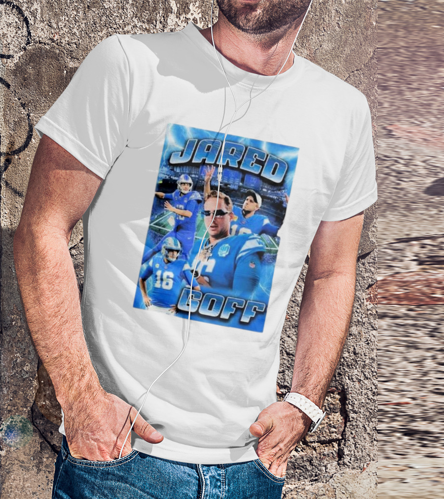Jared Goff Detroit Lions Acid Washed Blue Quarterback Collage T-Shirt