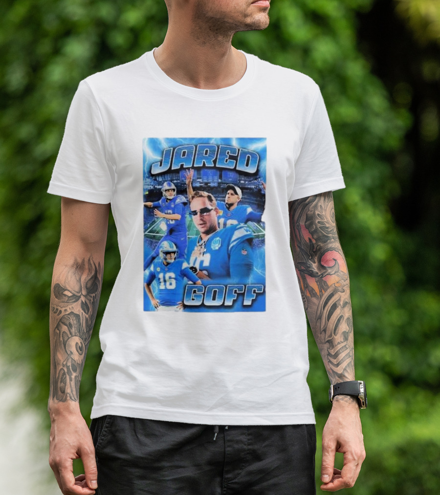 Jared Goff Detroit Lions Acid Washed Blue Quarterback Collage T-Shirt