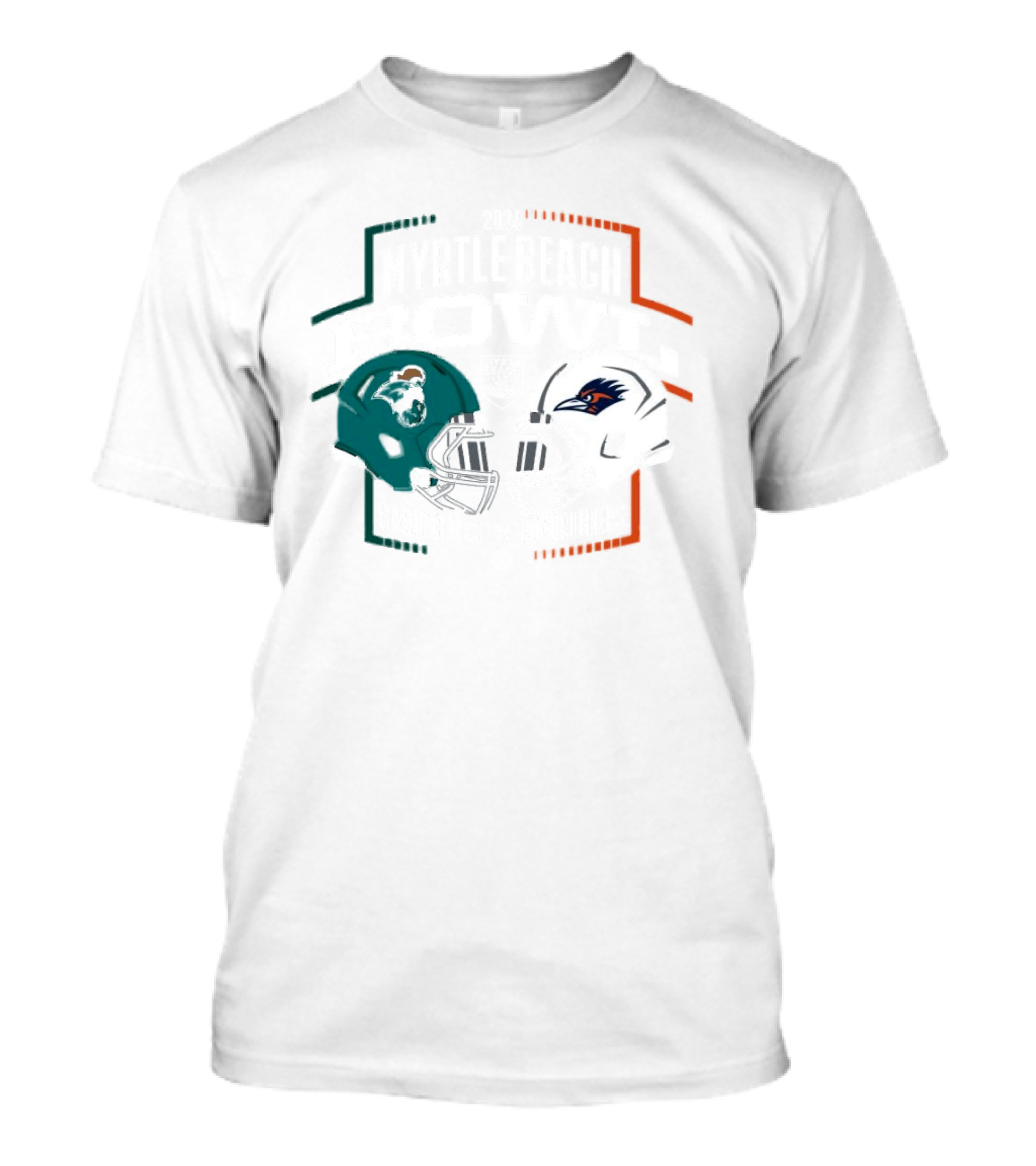 Coastal Carolina Chanticleers Vs UTSA Roadrunners 2024 Myrtle Beach Bowl Helmets Matchup T-Shirt
