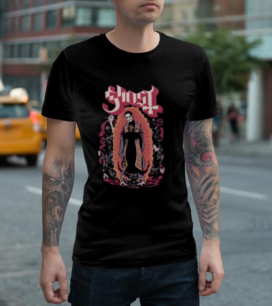 Ghost Ritual Skull Priest with Red Halo and Surrounding Figures T-Shirt