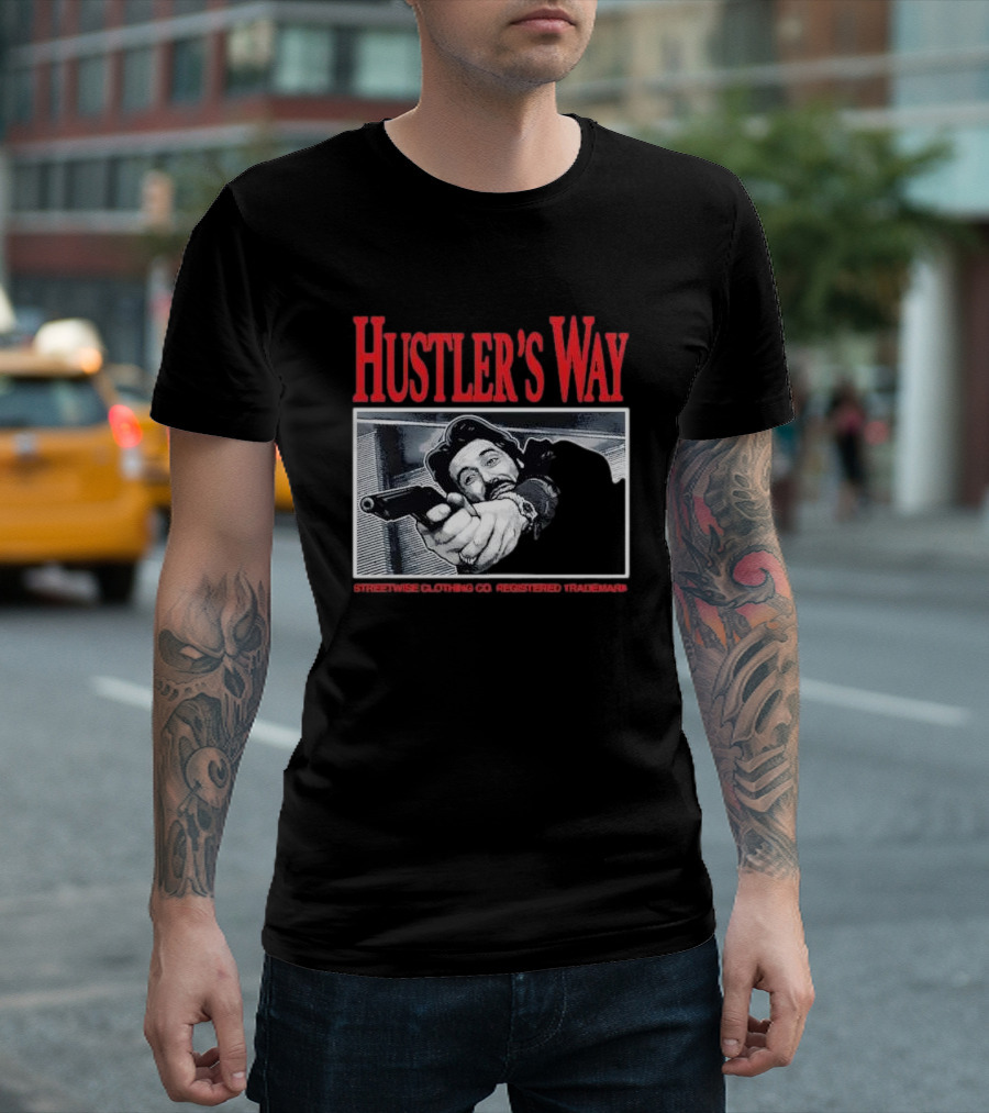 Hustler's Way Streetwise Clothing Co Registered Trademark Gunman Scene T-Shirt