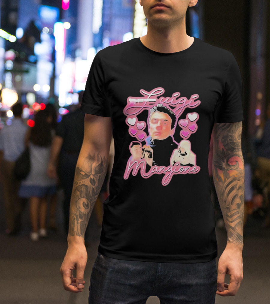 Luigi Mangione Pink Hearts And Portraits T-Shirt