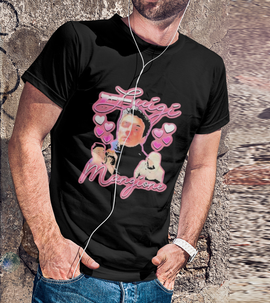 Luigi Mangione Pink Hearts And Portraits T-Shirt