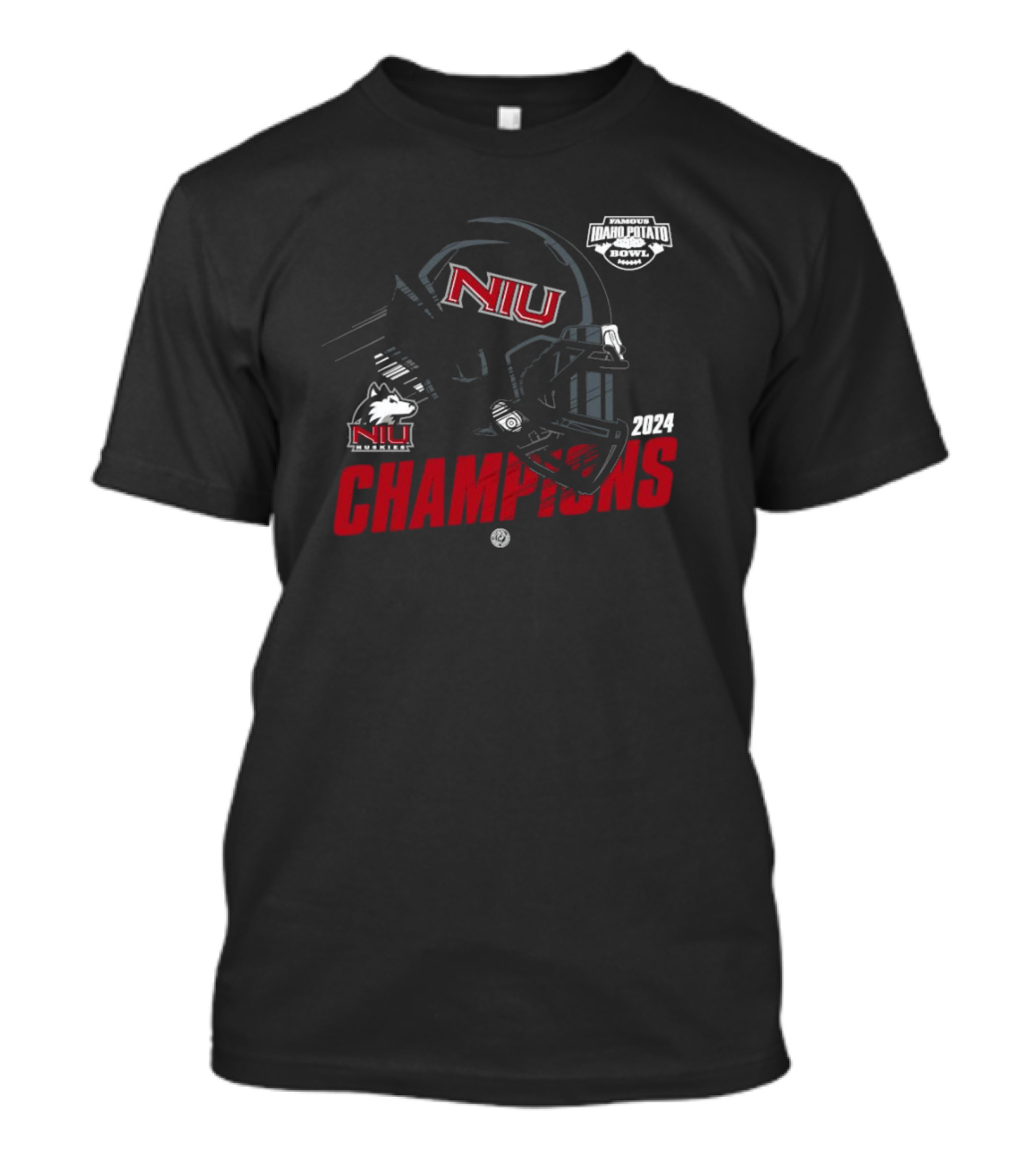 NIU Huskies 2024 Champions Famous Idaho Potato Bowl Albertsons Stadium Helmet T-Shirt