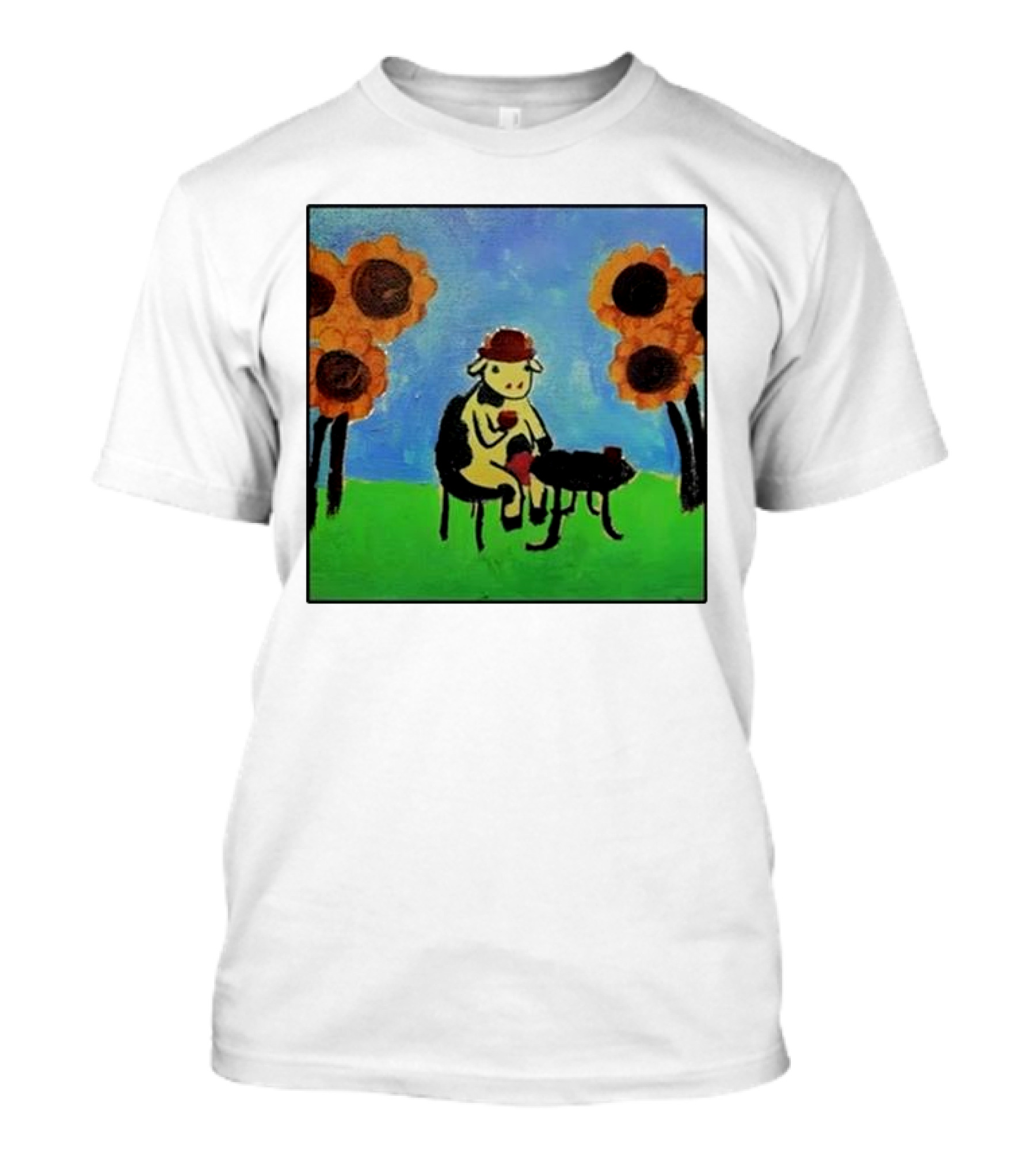 Cow With Hat Enjoying Drink In Flower Field Painting T-Shirt