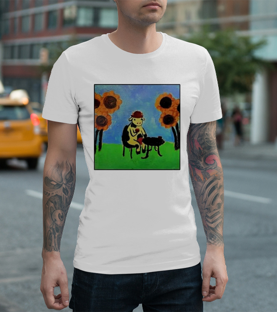 Cow With Hat Enjoying Drink In Flower Field Painting T-Shirt