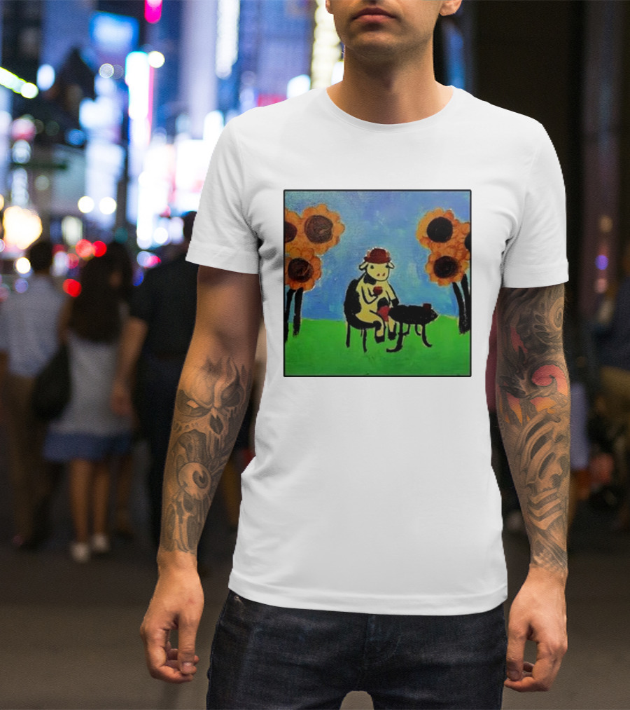 Cow With Hat Enjoying Drink In Flower Field Painting T-Shirt