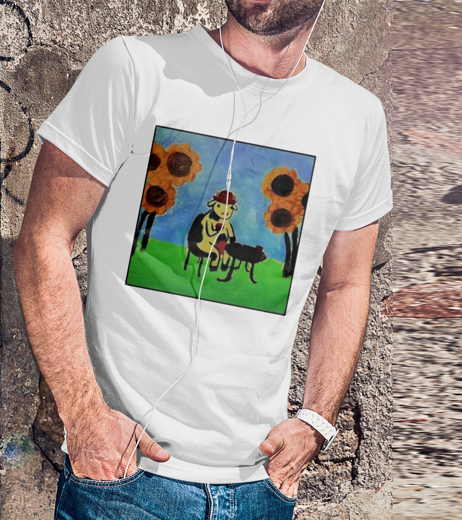 Cow With Hat Enjoying Drink In Flower Field Painting T-Shirt