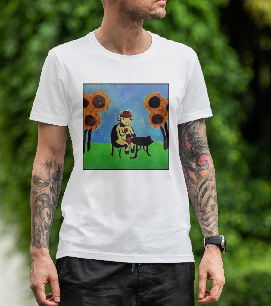 Cow With Hat Enjoying Drink In Flower Field Painting T-Shirt