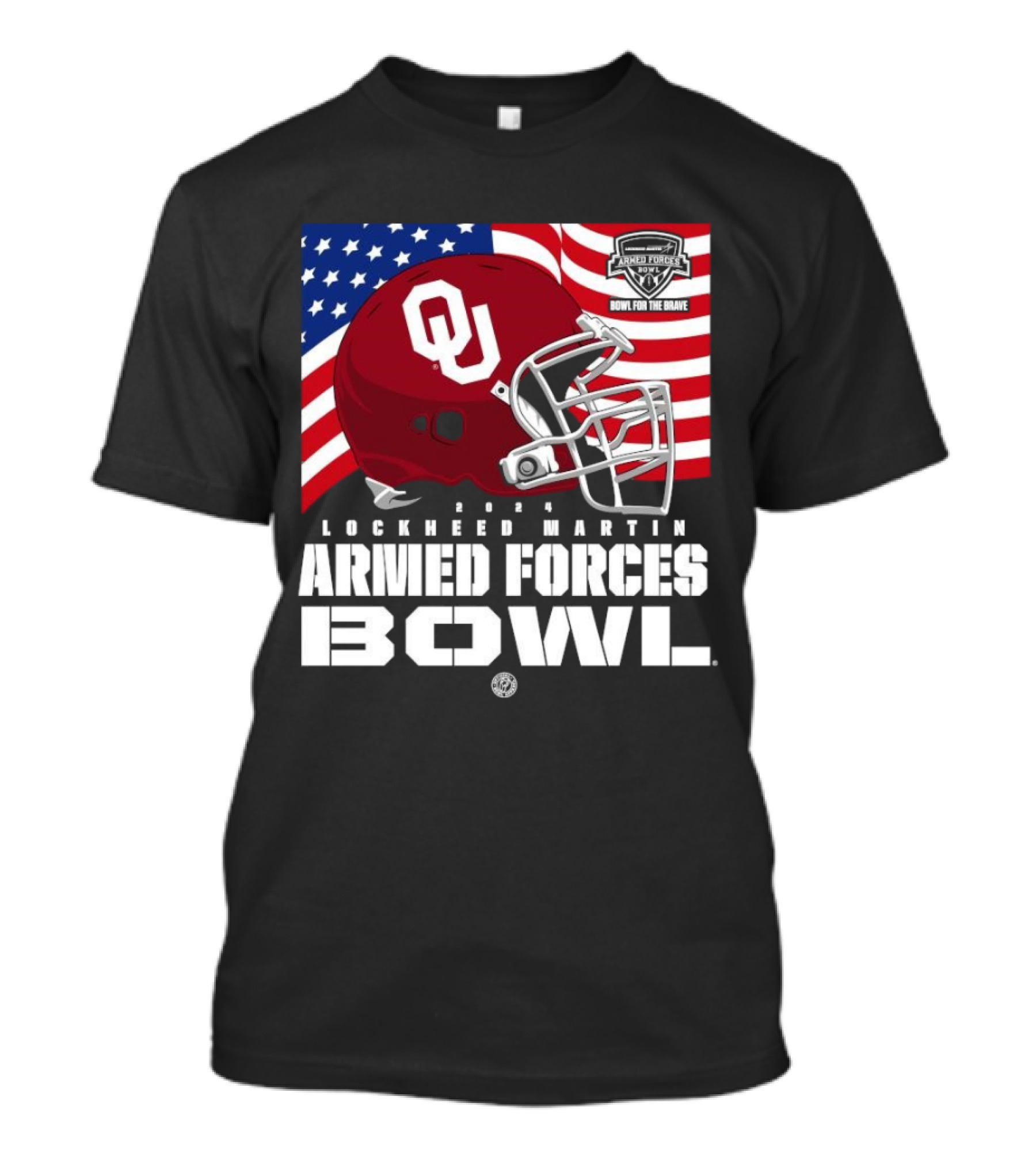 Oklahoma Sooners 2024 Lockheed Martin Armed Forces Bowl American Flag Helmet Bowl For The Brave T-Shirt