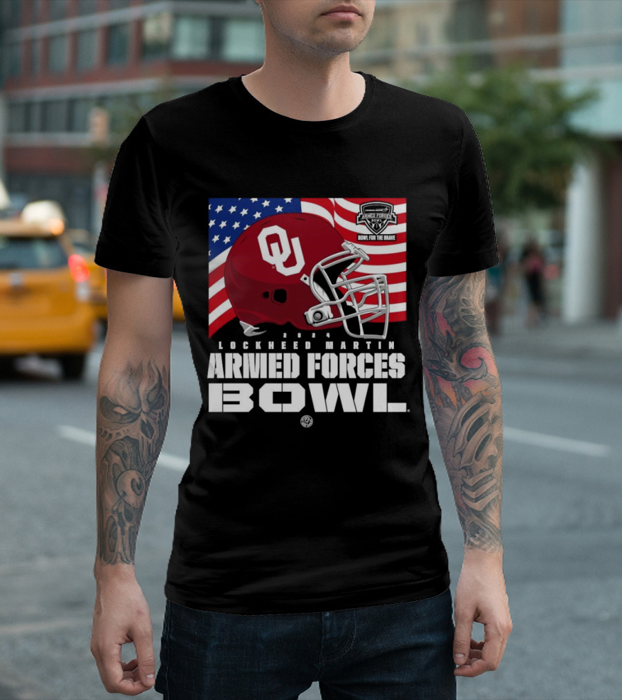 Oklahoma Sooners 2024 Lockheed Martin Armed Forces Bowl American Flag Helmet Bowl For The Brave T-Shirt