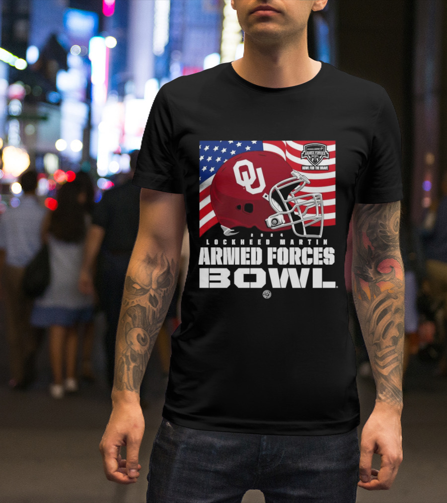 Oklahoma Sooners 2024 Lockheed Martin Armed Forces Bowl American Flag Helmet Bowl For The Brave T-Shirt