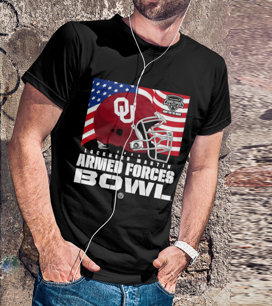 Oklahoma Sooners 2024 Lockheed Martin Armed Forces Bowl American Flag Helmet Bowl For The Brave T-Shirt